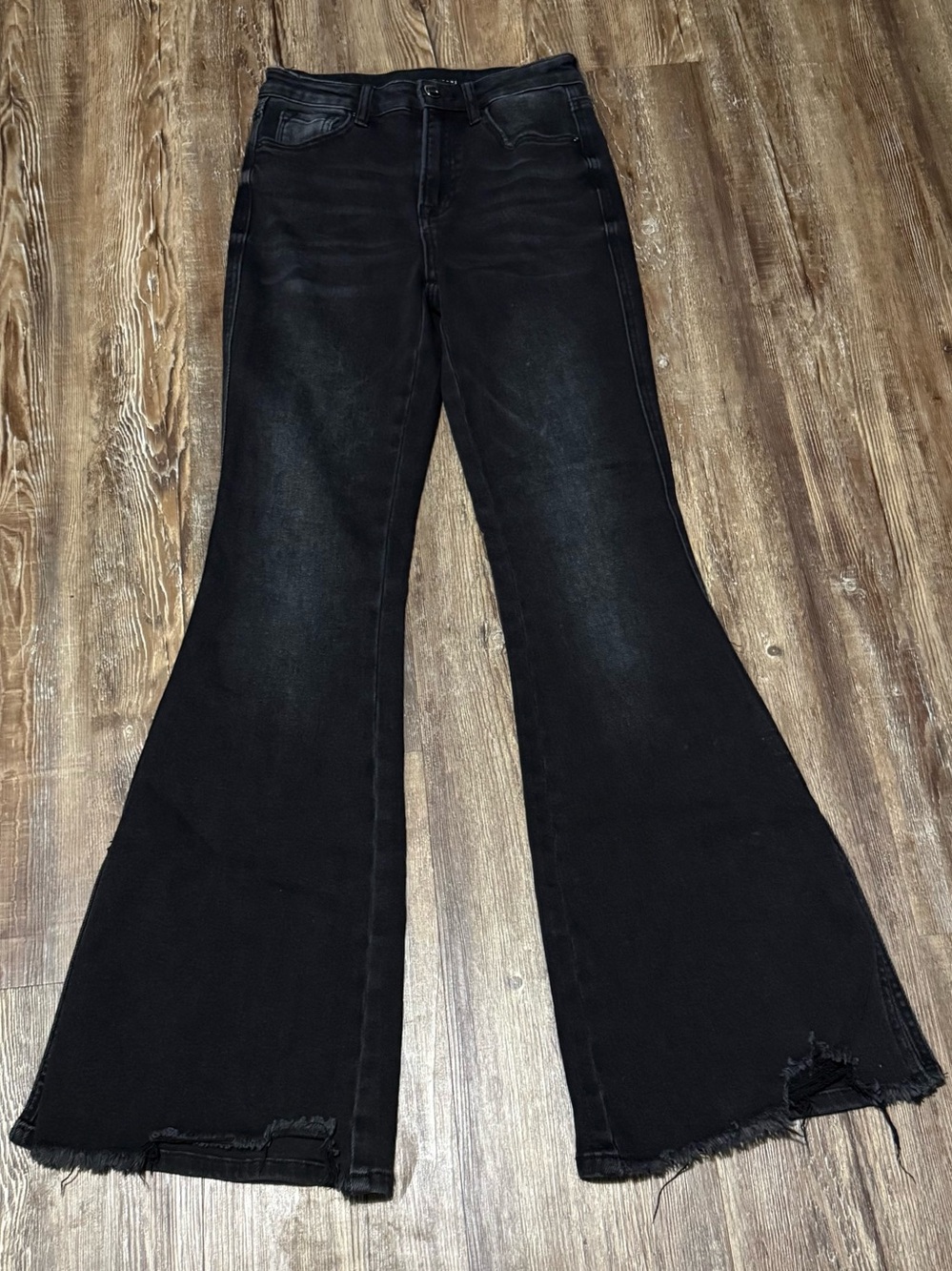 Risen Jeans Women's 1/25 Flare Black Distressed Mid Rise Frayed Hem Denim